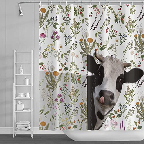 SDOTPMT 180x180cm Lustiger Bauernhof Kuh Dusche Vorhang Grüne Blätter Blumenkraut Botanische Pflanzen Badevorhang Nettes rustikales Vieh Stochernder Kopf Bauernhaus Badezimmer Vorhang mit Haken