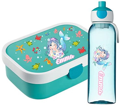 Lunchbox Set für Kinder Mädchen zur Schule Personalisiert mit Namen Brotdose Wasserflasche Trinkflasche BPA frei Essen für Unterwegs mit Gabel und Bento Fach To Go Mermaid [153]