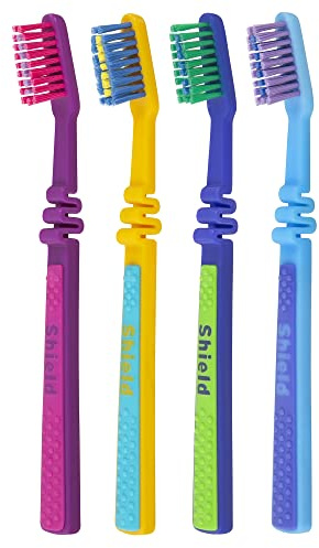 Shield Care Flex Junior Zahnbürste mit Federhals, maximale Mundpflege für Kinder – superweiche Borsten, 4 Farben – 4 Stück (1 Stück)