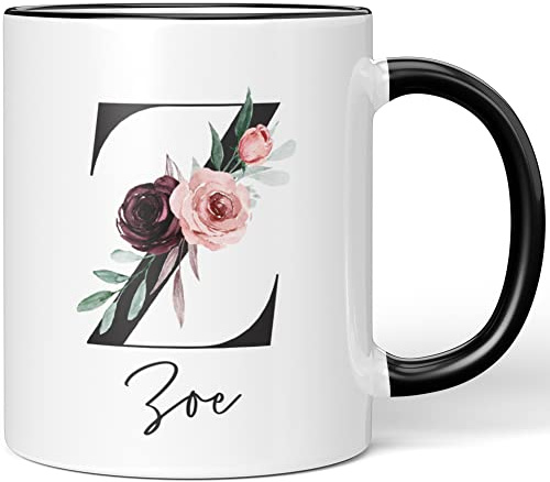 JUNIWORDS Tasse, Zoe, Name Anfangsbuchstabe Initial Alphabet Floral Buchstabe Z Monogramm Motiv, Schwarz (5611992)