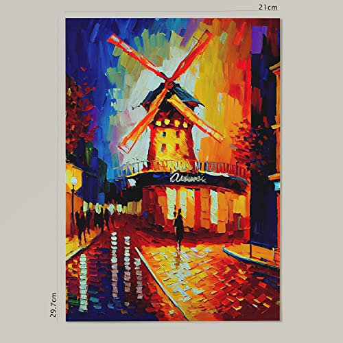 Nacnic Poster Moulin Rouge im Ölgemälde Stil. Illustrationen von Denkmälern und Städten im fotografischen Vollfarbstil. Innenarchitektur und Dekoration. A4.
