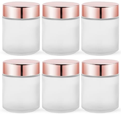 6 Pieces 8oz Milk White Round Glass Jars Empty Cosmetic Jars with Rose Gold Lids, Interior Liner for Lotion, Powder, Ointments, Body Butter, Candle Making
