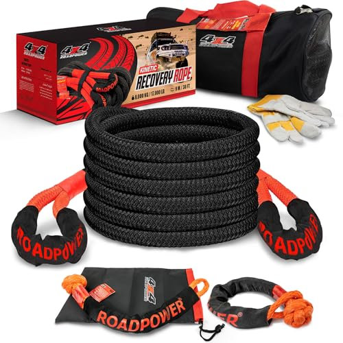 ROADPOWER Corde de récupération cinétique 4 x 4 2,5 cm x 6,1 m – avec Gants de Sac et 2 manilles Souples – Kit de récupération Tout-Terrain Robuste pour VUTT, VTT, Camion, Voiture (14 tonnes/15875,7