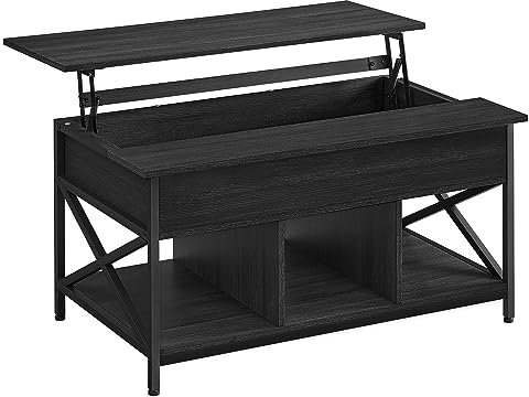 VASAGLE Mesa de Centro, Mesa de Café con Tablero Elevable, para Dormitorio, con Espacio Abierto y Oculto, Barras en Forma de X, 60 x 100 x (48-62) cm, Gris Carbón y Negro LCT205B22