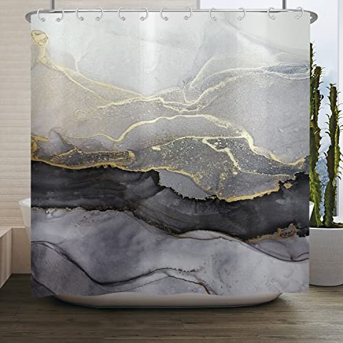 ASDCXZ Duschvorhang Marmor 180x240 cm, Modern Abstrakt Grau Schwarz Gold Marmor Optik Textur Waschbar Stoff Bad Duschvorhänge Polyester Textil Wasserdicht Duschvorhang für Badewanne mit 12 Hake