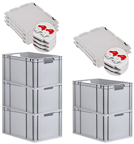 PROREGAL SuperSparSet 5x Eurobox NextGen Economy mit Scharnierdeckel & roten Verschlüssen | Griffe offen | HxBxT 32x40x60cm | 65 Liter | Eurobehälter Transportbox Transportbehälter Stapelbehälter
