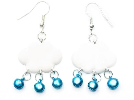 Miniblings Wolke Ohrringe Hänger Regen Wolken Wetter weiß mit Glöckchen blau - Handmade Modeschmuck I Ohrhänger Ohrschmuck versilbert