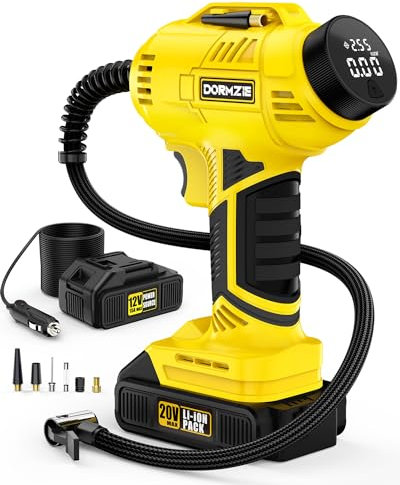 Compresor de aire portátil inflador de neumáticos, bomba de aire de mano de 150 PSI para neumáticos de coche con batería recargable de 20 V, adaptador de corriente de coche de 12 V, pantalla digital,
