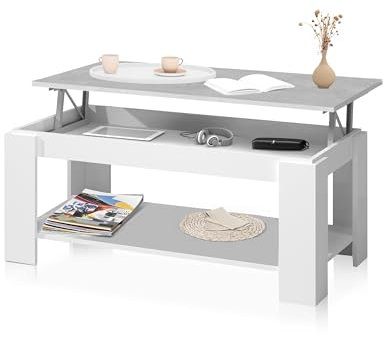 duehome | Mesa de Centro Elevable, Mesa Auxiliar, Modelo LYA, Acabado en Color Blanco Artik y Cemento, Medidas: 102 cm (Largo) x 50 cm (Ancho) x 43-54 cm (Alto)