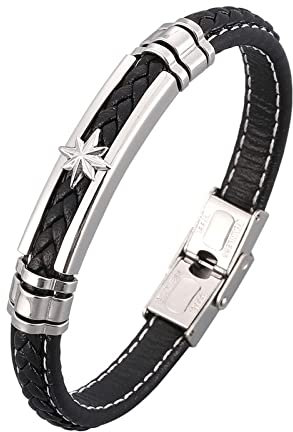 Wycian Armband Edelstahl, Armband Frauen Sechseckiger Stern-Lederarmreif Silber 20.5CM Rostfreier Stahl für Männer Frauen