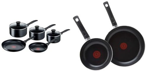 Tefal Induction Non-Stick Cookware Set, 5 Pcs - Black (G155S544) & Taste Twin Pack, Aluminium Frying Pans, Pan Set, Pans 20 cm and 28 cm diameter, Non-Stick, Black, Pack of 2, B189S244