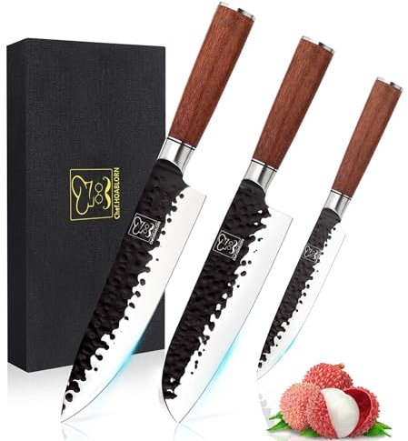 ChefHoablorn Set di blocchi coltelli Universal Round Knife Set di coltelli da cucina professionali in acciaio inossidabile ad alto tenore di carbonio, set di coltelli da chef ultra affilati 3 pezzi