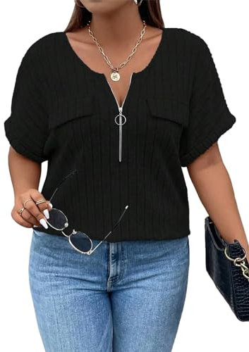 Gemulate Black Ladies Plus Size Tops 4XL Short Sleeve Tops for Women V Neck Plus Size Ladies Tops Casual T Shirt Zipper Lightweight Blouses Tops for Women UK - Black, XXXX-Large