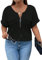 Gemulate Black Ladies Plus Size Tops 4XL Short Sleeve Tops for Women V Neck Plus Size Ladies Tops Casual T Shirt Zipper Lightweight Blouses Tops for Women UK - Black, XXXX-Large