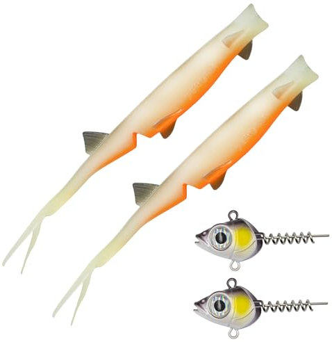 Senshu Pelaga Shad + Head Set - Vertikalköder für Großfisch - Realistisches Design, Natürliches Schwimmverhalten - Inkl. Jigkopf mit 3D-Augen (Hot Olive, 16cm - 30g)