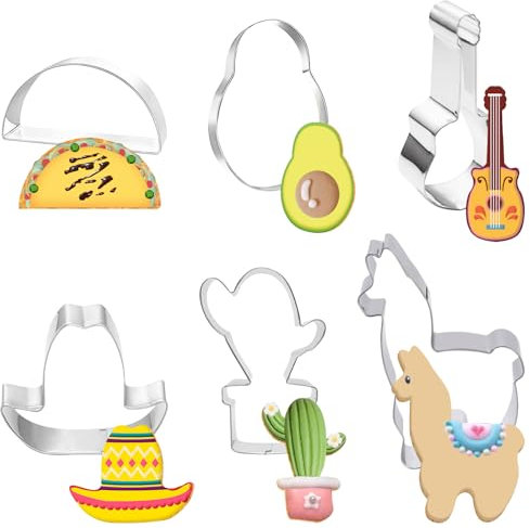 Hying Fiesta-Ausstechformen-Set zum Backen, Cinco de Mayo Keksausstecher, Edelstahl, Kaktus, Pfeffer, Lama, Kuchen, Keksausstecher, Formen-Sets für DIY-Backen, mexikanische Fiesta-Dekorationen, 6