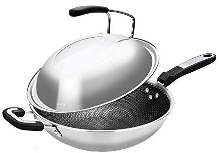 OQHAIR Wok für Induktion, Edelstahl 304, Wok, kombinierter Topfdeckel, antihaftbeschichtete Pfanne, unbeschichtet, ölfreier Abdampftopf, Gasherde, Induktionsherd, Wok, universell (Größe: