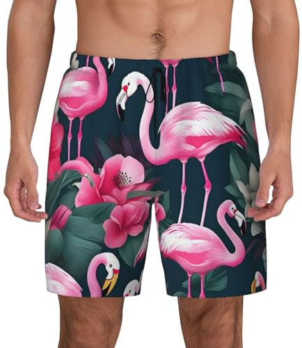 Short de bain pour homme imprimé floral flamant rose – Short de plage à séchage rapide avec poches pour maillot de bain hawaïen, noir, X-Large