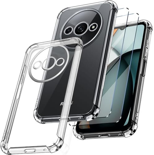 New&Teck Coque pour Xiaomi Redmi A3 + 2 Verre Trempé Protection écran, Housse Etui en Silicone TPU Souple, Bumper avec Coins Renforcés, Protection Claire. (Transparent)