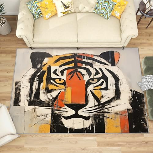 Teppich Mit Tigermotiv - Teppich Wohnzimmer Schlafzimmer Tiger, Großer Teppich Wildtiere, Weich Kurzflor & Waschbar & rutschfest Wohnzimmerteppich, Kinderteppich, Bettvorleger 160x230 cm