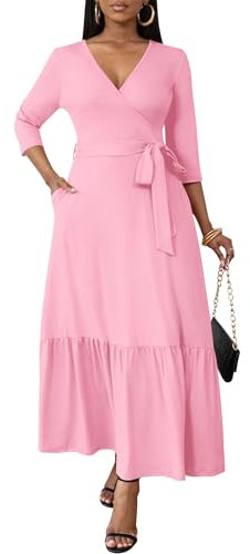 FANDEE Langes, fließendes Kleid für Damen, Sommer, V-Ausschnitt, Maxikleid mit Taschen, 3 4 Ärmel, fester Bindegürtel, A-Linie, gestufte Kleider, Solid Pink, Groß