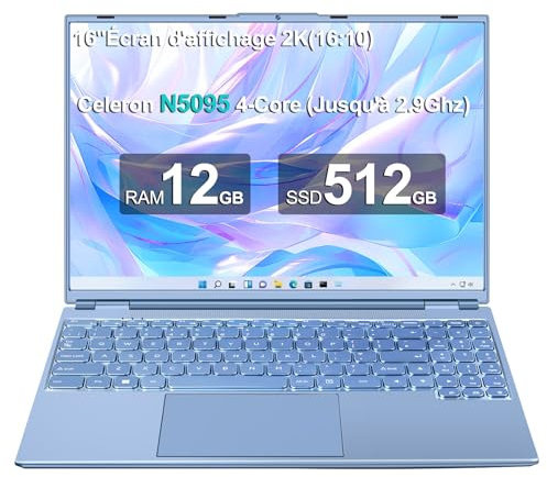 NOTODD Ordinateur Portable 16 Pouces Gaming, 4 cœurs Celeron N5095 (jusqu'à 2,9 GHz) 12+512GB SSD Soutien Extension 1TB,PC Portable Win11 avec 5G WiFi 1920x1200 Souris sans Fil&AZERTY Clavier-Bleu
