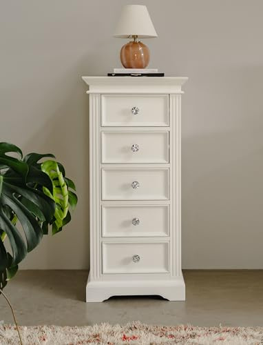 Gainsborough Narrow Chest of Drawers | 5 Drawer Bedroom Tallboy, White | W55cm, H118cm, D42.5cm | Hampton Style, Hand-Carved Details, Bevelled Edges, Assembled, Choice of Handles (crystal-handles)