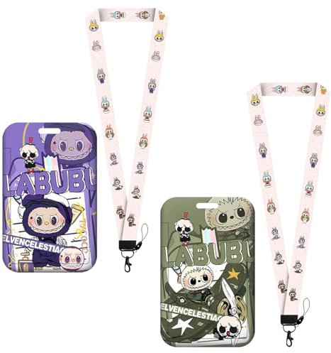 2PCS Labubu Porte Cartes FEIEQILAI-Labubu Lanière avec Porte Cartes Dessin animé en Plastique Porte-Carte Porte Carte Bus Avec Cordon Tour Protege Carte Dessin The Monsters Imprimé