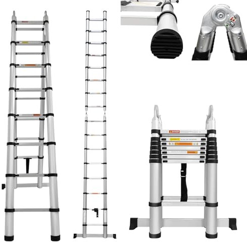 3 in 1 Telescopic Ladder Aluminum Extension Steps Loft Ladder with Non-Slip Feet &Balance Support Rod,Extendable Folding Compression Ladder for Home,Outdoor,Engineering,330lb Capacity(2.5M)