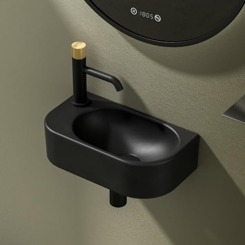 EMKE Lavamano Sospeso 40 x 21,5 x 12 cm,Rubinetto a Sinistra,Nero Opaco | Lavandino Rettangolare per Bagno Piccolo e WC, Mini Lavabo a Parete - Senza Rubinetto e Piletta