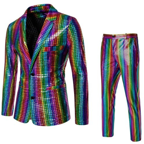 Anzug Herren 2 Teilig Disco Sets Glitzer Jacke und Hose Metallic Glänzende Pailletten Anzüge für Discokugel Party Karneval Kustüm Hochzeit 70er 80er Jahre Outfit Mottoparty Elegant Herrenanzüge