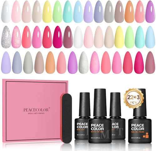 PEACECOLOR UV Nagellack Set, 22 Farben Gel Nagellack mit Unterlack Glänzend & Matt Überlack, Rosa Lila Gelb Blau Grün Farbgel für Gelnägel Nail Polish Starter Set Nail Salon DIY