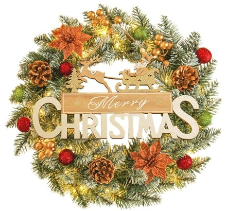 Amagogo Weihnachtskranz zum Aufhängen an der Haustür, beleuchtete Girlande, 40 cm, rustikaler dekorativer Weihnachtskranz für Partyzubehör, Kamin