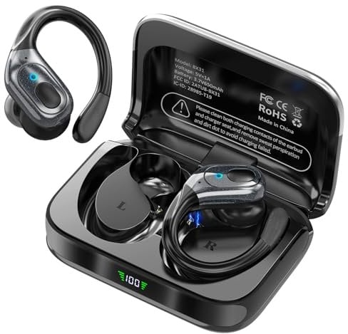 sajawass Bluetooth Headphones Wireless Earbuds with 75Hrs Playback, LED Display Charging Case, IPX7 Waterproof, Over-Ear Design Ear Buds for Sports/Running/Workout - Black
