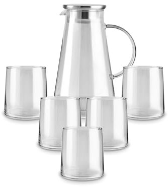 Karaca Serene - Juego de 7 vasos transparentes, incluye jarra y juego de vasos, elegantes vasos de vidrio para el hogar y el entretenimiento, color antracita