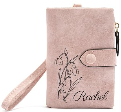 Portefeuille Personnalisé pour Femme, Fleur et Nom de Naissance Personnalisés, Petit Portefeuille en Cuir, Porte-monnaie, Porte-cartes pour Femmes Cadeaux Personnalisés pour la Fête des Mères (Rose)