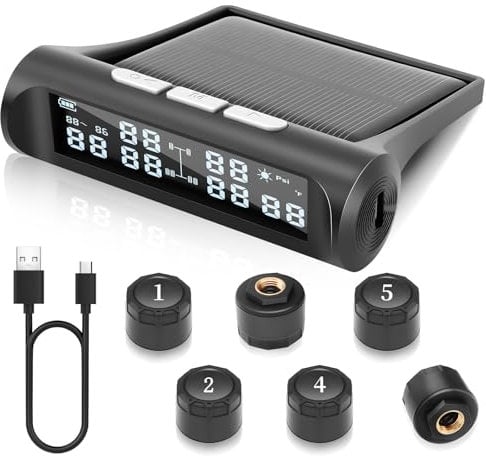Liwogi TPMS Tire Pressure Monitoring System with 6 External Sensors Wireless Solar Car Tyre Pressure Monitor with Alarm, Pressure Range 0-9.9 bar/0-144Psi for 4/6 Wheels Caravans RV Car SUV Trailer