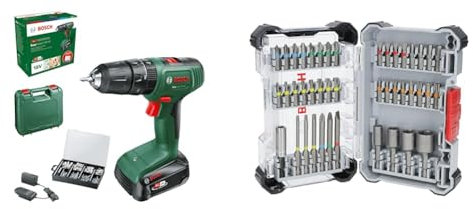 Bosch Home and Garden Akku Schlagbohrschrauber EasyImpact 18V-40 (1x Akku 2,0 Ah, 18 Volt System, mit 173-tlg. Befestigungsset) + 43x Extra Hard Schrauberbit-Set (197 x 110,5 mm, Zubehör)