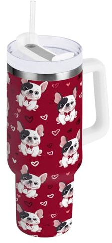 ZZXXB French Bulldog Love Hearts Insulated Stainless Steel Water Bottle with Handle and Straw Lid Double Walled Travel Mug 40 oz