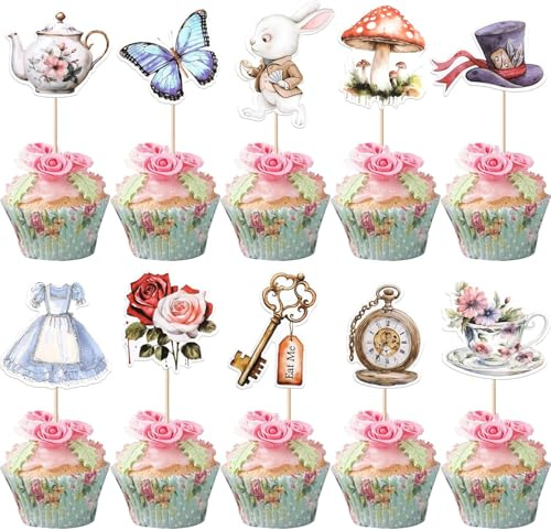 40 Stück Alice im Wunderland Tortendeko Schmetterling Blume Schlüssel Kuchen Deko Tee Party Cupcake Toppers für Baby Dusche Kinder Geburtstag Party Kuchen Dekorationen