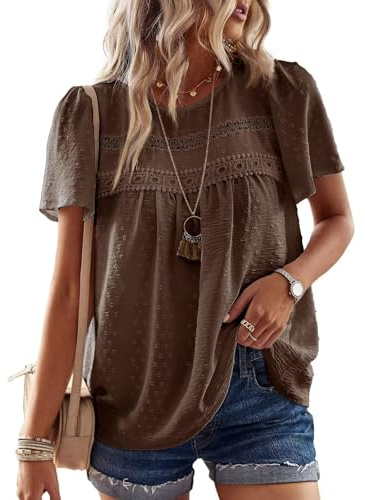 TUUHAW Women Tops Summer Round Neck Short Sleeve Shirts Flowy Crochet Boho | Dressy Casual Scoop Neck, Flowy Ruffle Sleeve Blouses, Elegant Summer, Basic Plain Loop, Bardot Hem Cute Shirts, Pleated Top