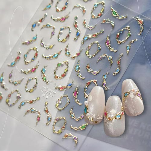 YJHAT 1 Sheets 5D Gem Nail Sticker Decals,Self-Adhesive Pearl Crystal Diamond Embossed Design Decals for Nail Art,Nail Tip Decorations Sticker for Women Girls DIY Nail Decoration