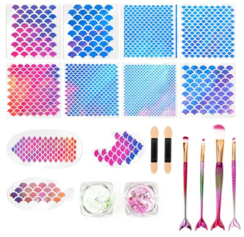 11-teiliges, wiederverwendbares Meerjungfrau-Schablonen-Set mit Pinseln und Glitter – ideal für Make-up, Gesicht- und Körperkunst, Wanddeko sowie kreative DIY-Projekte für Frauen und Mädchen