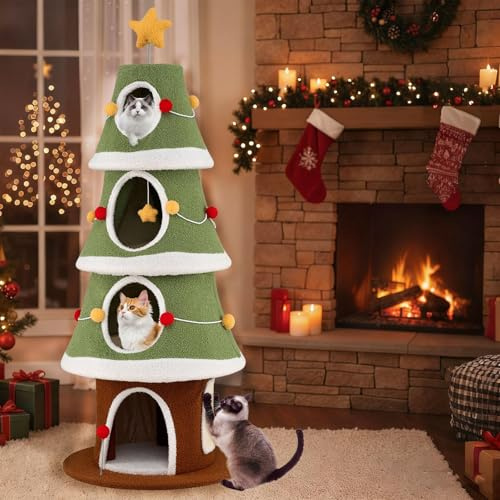 GYMAX 154 cm Kratzbaum Weihnachten, mehrstöckiger Katzenbaum mit 4 Katzenhöhlen, Sisal-Kratzmatte & hängendes Spielzeug, Katze Weihnachtsbaum, Aktivzentrum für Kätzchen