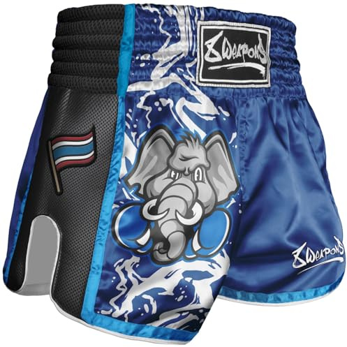 8 WEAPONS Muay Thai Shorts Jipe, Kinder, Blau, Größe 6-8 J, Kickboxhose für Training & Wettkampf, Thaibox Shorts Satin, Atmungsaktiv, Langlebig, Kampfsporthose MMA, K1, Boxen, Thai Boxen