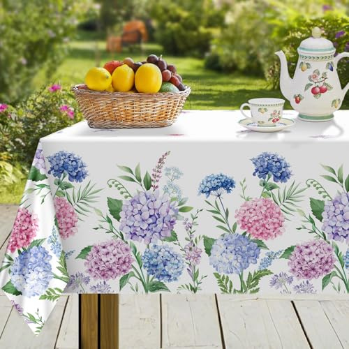hometrixx Spring Hydrangea Flower Washable Rectangle Table Cloth 152x213cm | Stain Wrinkle Resistant Polyester Tablecloth, Machine Washable Table Tover, Indoor Outdoor Dining Parties Kitchen Decor