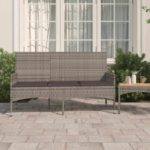 Frdhee Gartenmöbel Sitzbank, Gartenbank, Garten Bank, Gartenbank 3-Sitzer mit Kissen Grau Poly Rattan, Outdoor Bänke Für Terrassen, Balkon, Wetterfest