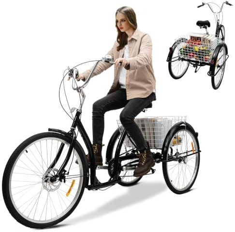 26 Zoll 3 Räder Dreirad Erwachsene, 190*75*120CM 6-Gang Adult Fahrrad Erwachsenendreirad Höhenverstellbares Dreirad Fahrrad EinkaufsDreirad Cityräder mit Korb für Städte Strände Fahrradwege