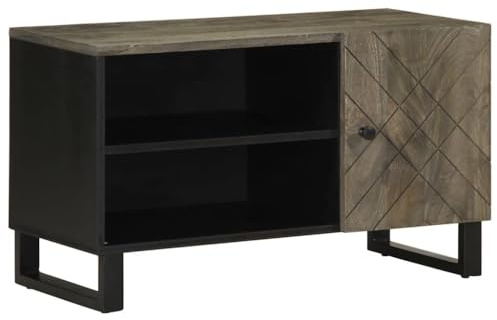 Kaloriko Mueble para TV de madera maciza de mango, 80 x 33 x 46 cm, con patas de metal, espacio de almacenamiento, armario bajo para salón, dormitorio, con cajón, estantería, tapa, gestión de cables y