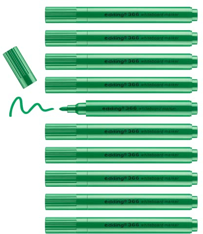 edding 366 whiteboard marker - green - 10 slim whiteboard pen - round nib 1 mm - dry-wipeable - for whiteboards, glass, magnetic and memo boards